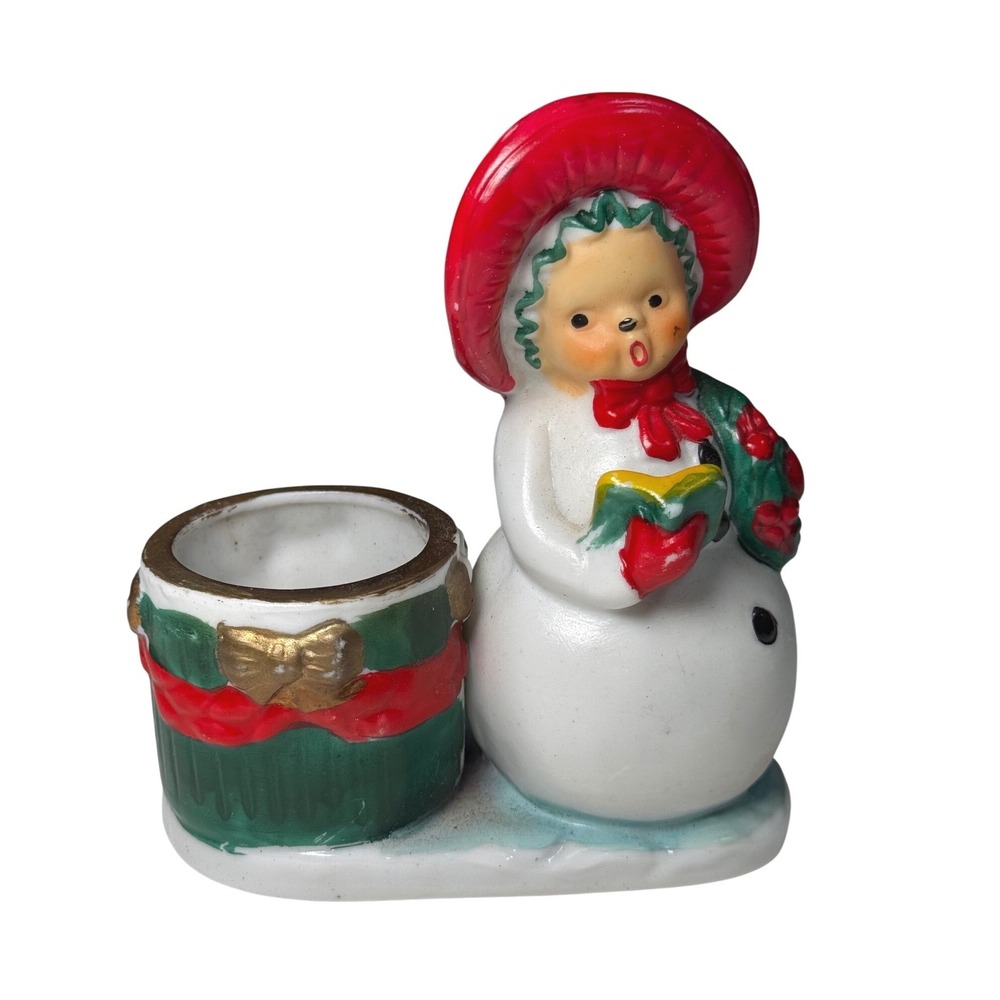 Vintage Ceramic luvkins Candle‎ Holder Red Hat Green Gift Basket Christmas Decor
